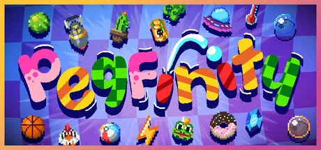 Multicolored Pegfinity logo surrounded by stylized pegs and gadgets