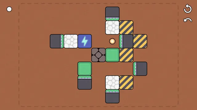 A minimalist puzzle of pistons, patterned blocks, and a glowing target on a terracotta board.