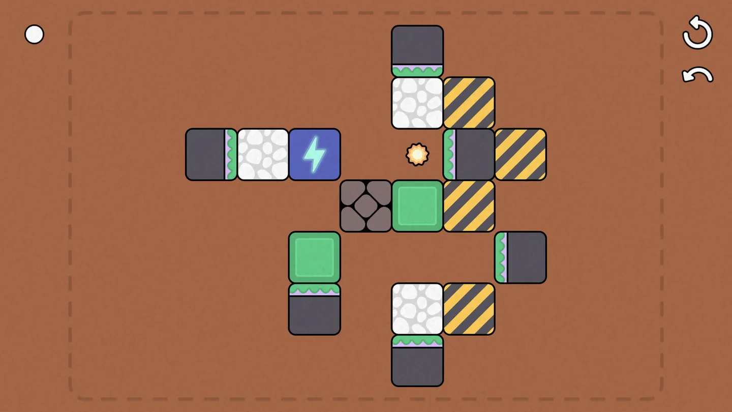 A minimalist puzzle of pistons, patterned blocks, and a glowing target on a terracotta board.