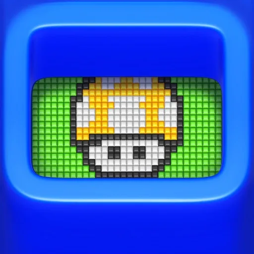 Official app icon for Pixel Holes, showing a pixel-art mushroom on a small blue display.