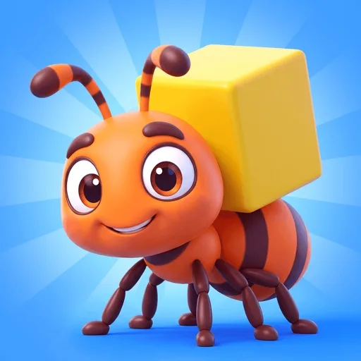 Official app icon for Pixel Hunt - Ants Colony Block, showing a smiling orange ant carrying a yellow block.