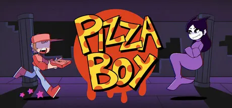 PizzaBoy logo between an illustrated delivery worker and a purple-clad vampire