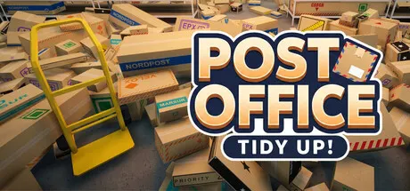 Parcels and yellow sorting racks surround the Post Office: Tidy Up! logo.