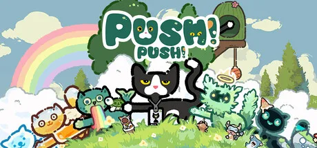 Cartoon cats and animal companions gather beneath a rainbow and the Push Push logo.