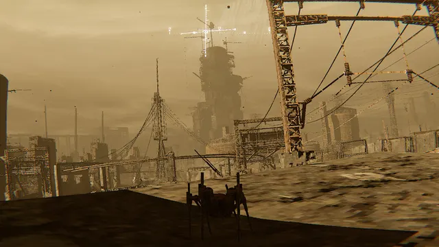 A small spider-like machine sits in shadow beneath RADIOSOL’s enormous yellow-lit industrial ruins.