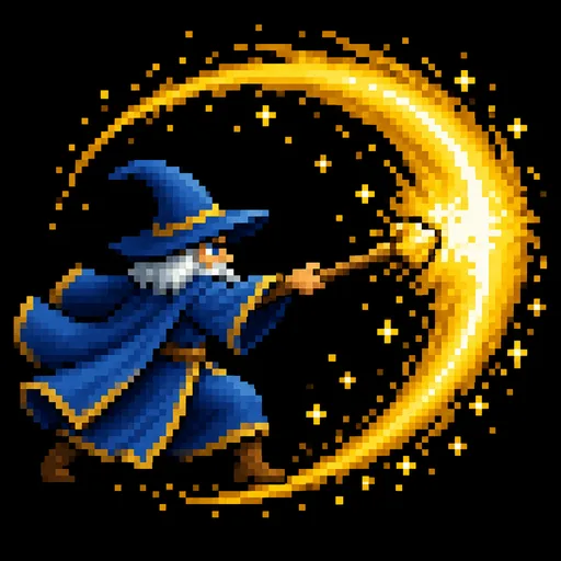 Official app icon for Run Survivor: Roguelike Magic, showing a blue-robed wizard beneath a golden arc.