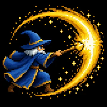 Official app icon for Run Survivor: Roguelike Magic, showing a blue-robed wizard beneath a golden arc.