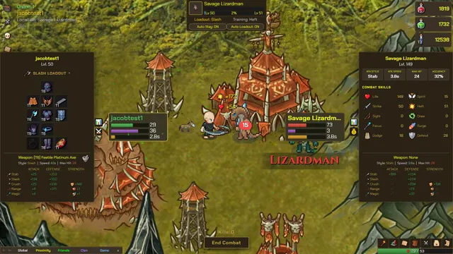 A fighter stands before a lizardman outside a red tower. Panels read Auto Slay ON and Auto Loadout ON, and a training line reads Heft. The fight is still on screen.