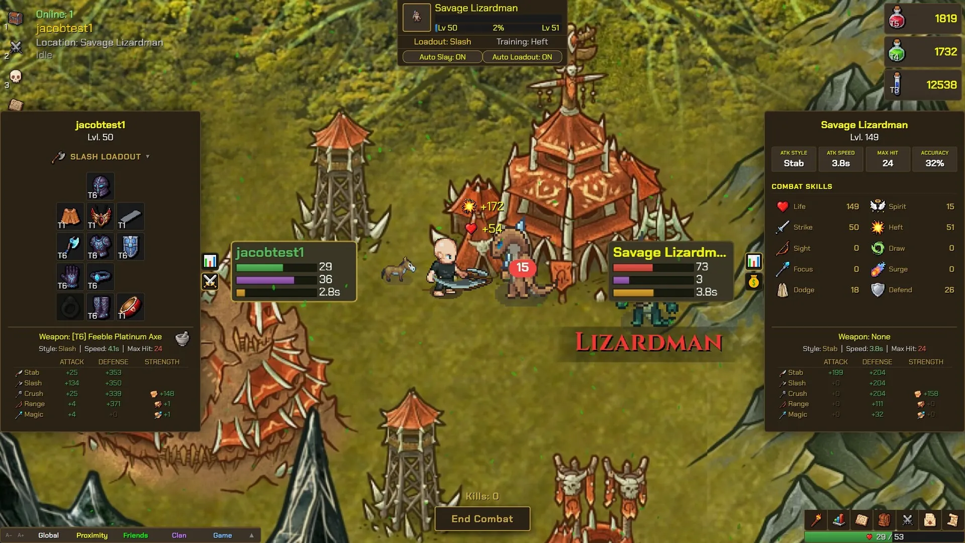A fighter faces a lizardman. Interface panels read Auto Slay ON and Auto Loadout ON, and the training line reads Heft.