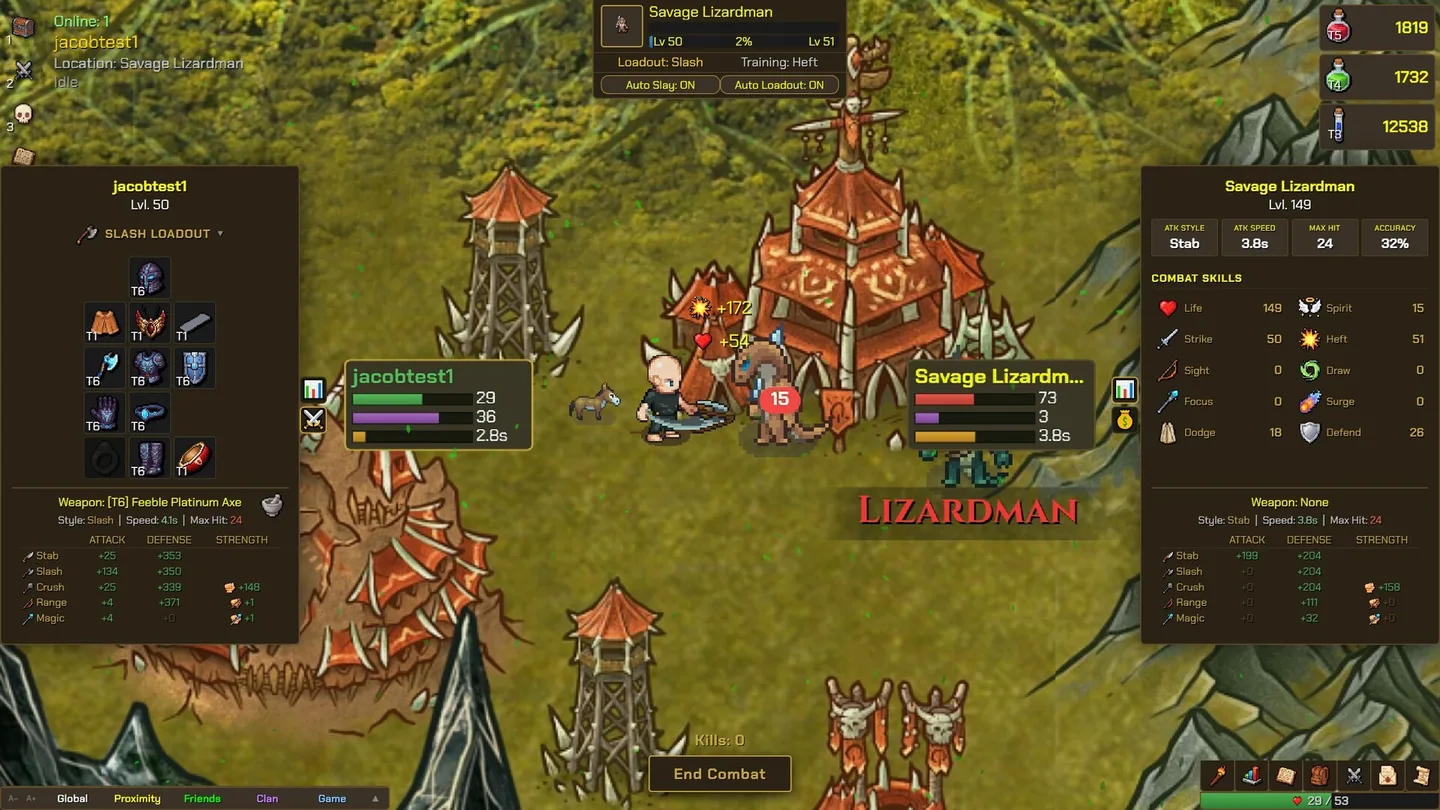 A fighter stands before a lizardman outside a red tower. Panels read Auto Slay ON and Auto Loadout ON, and a training line reads Heft. The fight is still on screen.