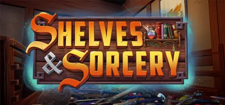 Shelves and Sorcery title on a wooden sign in a warmly lit fantasy shop
