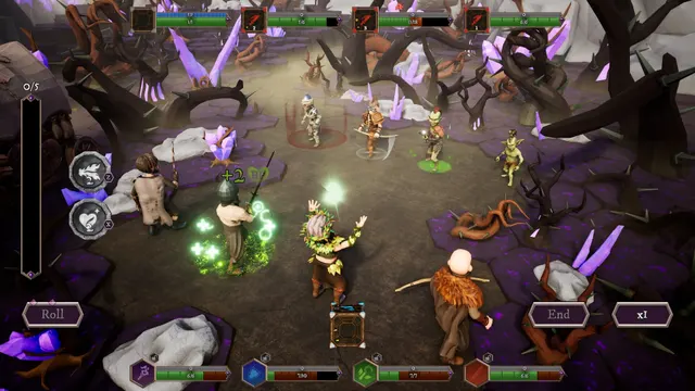 A party facing fantasy enemies among purple crystals, with equipment and dice controls.