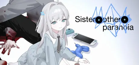 Sister Other Paranoia logo beside a silver-haired illustrated character, a hand and a handheld console