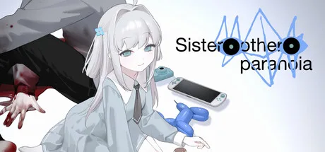 Sister Other Paranoia logo beside a silver-haired illustrated character, a hand and a handheld console