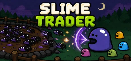 Pixel-art slimes facing a swarm beside the Slime Trader title.