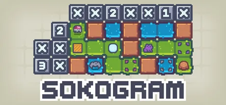 A colorful puzzle grid with numbered clues and boxes appears above the Sokogram title.
