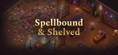 An illustrated library floor is covered in books beneath the Spellbound & Shelved title.