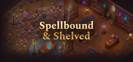 An illustrated library floor is covered in books beneath the Spellbound & Shelved title.