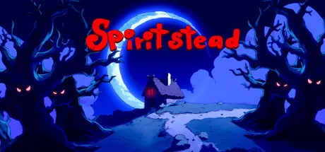 Spiritstead title over a bright blue clearing in a dark illustrated forest