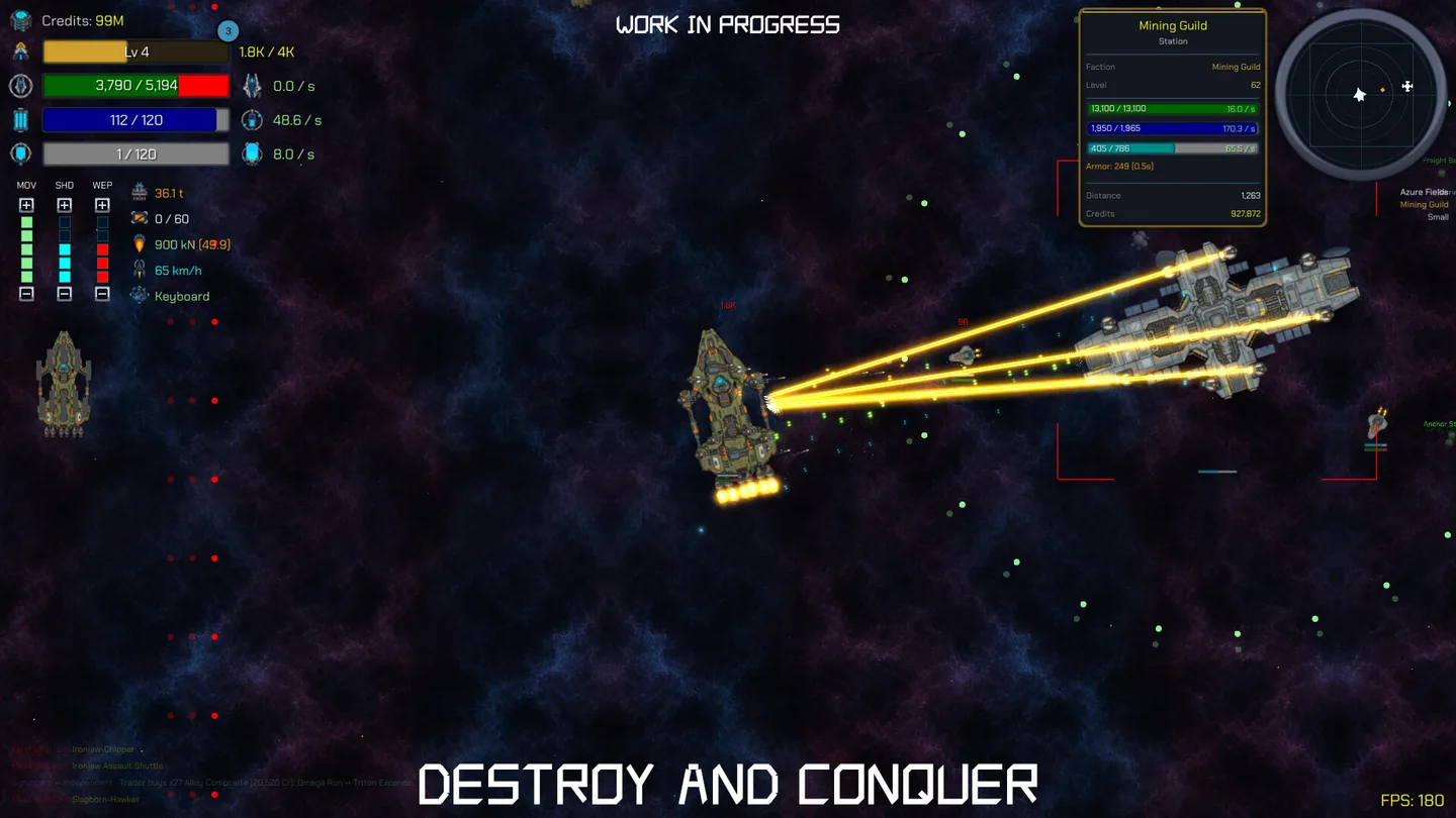A top-down space scene shows one ship firing yellow beams at a larger ship. The image is stamped Work in progress across the top and Destroy and conquer along the bottom.