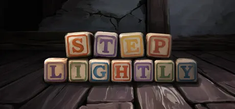 Step Lightly title spelled with toy letter blocks on a dark wooden floor.