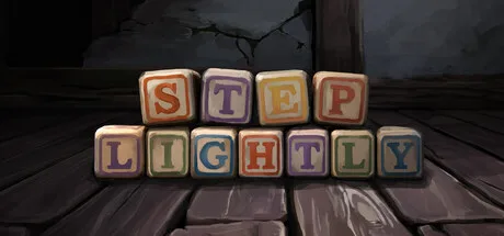 Step Lightly title spelled with toy letter blocks on a dark wooden floor.
