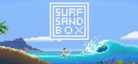A pixel-art surfer rides toward a curling wave beneath the Surf Sandbox logo.