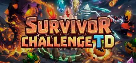 The Survivor Challenge TD title surrounded by glowing elemental crystals and creatures.