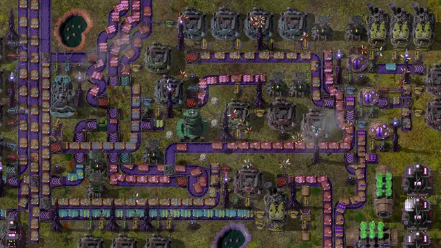 A dense organic factory with purple conveyors, spires, and flying insects carrying resources.