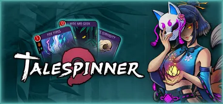 Talespinner artwork with a masked illustrated character, cards and a storybook