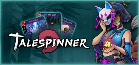 Talespinner artwork with a masked illustrated character, cards and a storybook