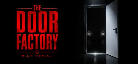 An open door facing a dark room beside the red Door Factory title.