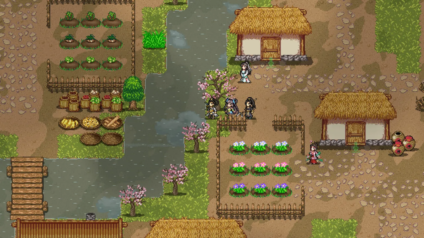 The Great Wastes shows a pixel-art party beside a stream, thatched homes and small gardens.