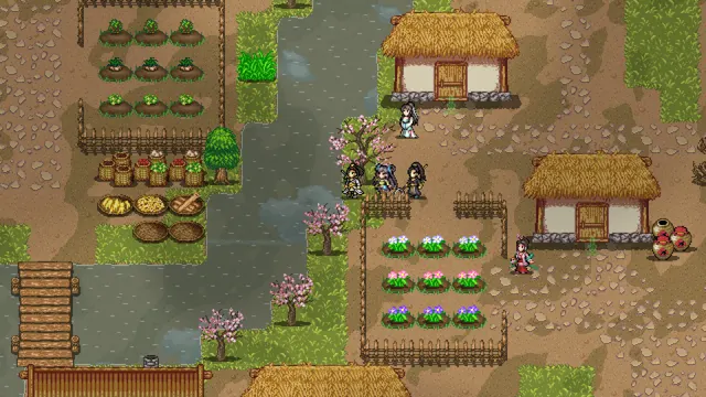 The Great Wastes shows a pixel-art party beside a stream, thatched homes and small gardens.