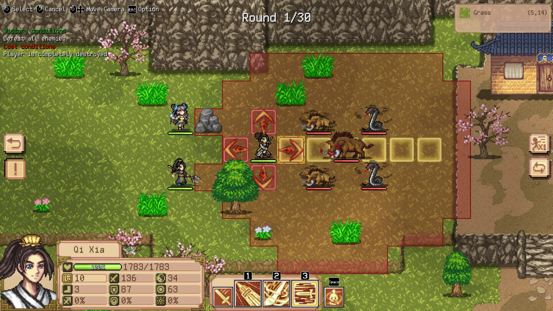 A grid battle in The Great Wastes shows direction arrows and highlighted target tiles.