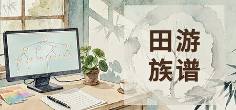 田游族谱 title beside a desk, plant and monitor displaying a family tree