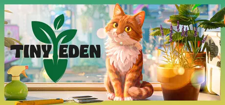 Official promotional artwork showing a cat and plants beside the Tiny Eden title.
