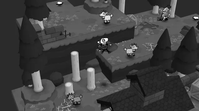 TOEM 2’s backpack-wearing explorer crosses a gap between monochrome ledges near three goats.