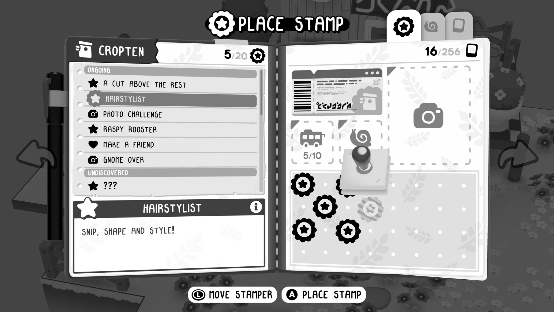 TOEM 2’s journal shows a list of photo quests beside a page of collected stamps.