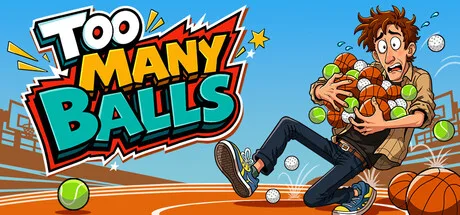 A startled man carrying a pile of sports balls beside the Too Many Balls logo.