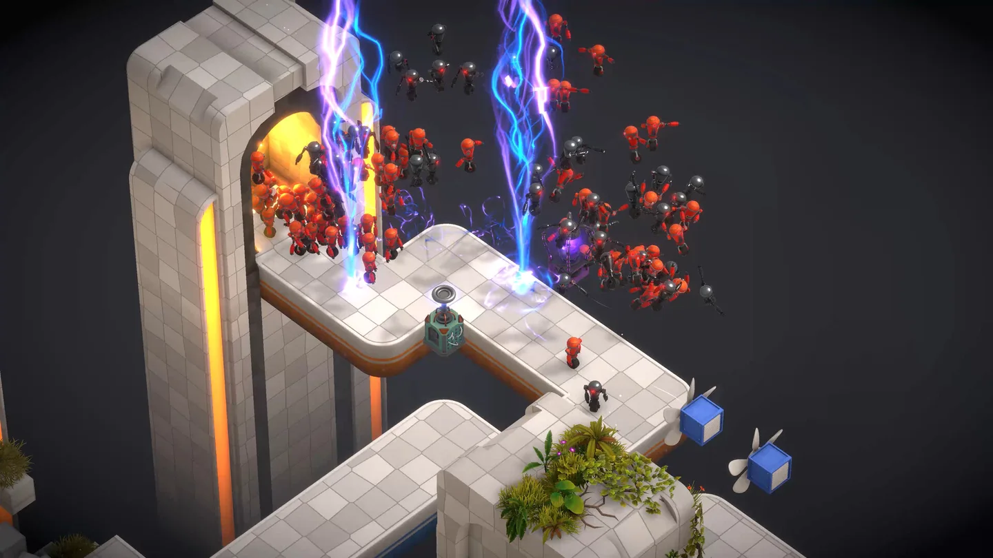 Electric towers fling red and black robots off white platforms suspended over a dark void.