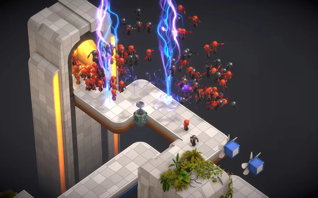 Electric towers fling red and black robots off white platforms suspended over a dark void.
