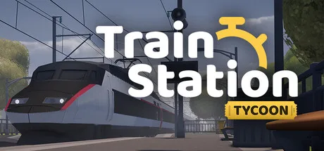 A train under a station canopy beside the Train Station Tycoon logo.