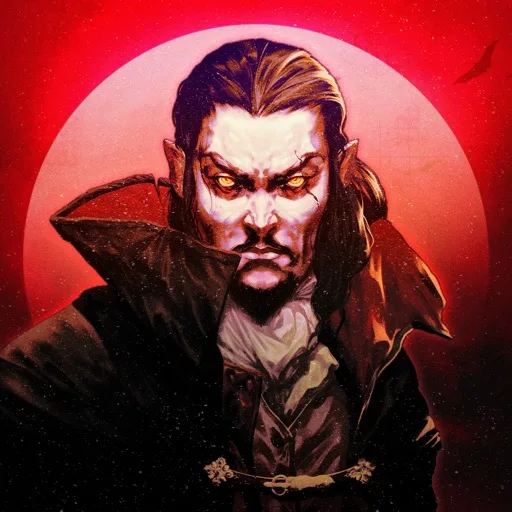 Official app icon for Vampire Survivors+, showing a dark-haired vampire with a red-lined cloak.