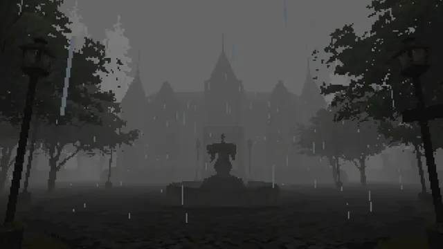 Rain falls over a low-resolution mansion and a silhouetted fountain in VESSELS: Noiret Mansion.