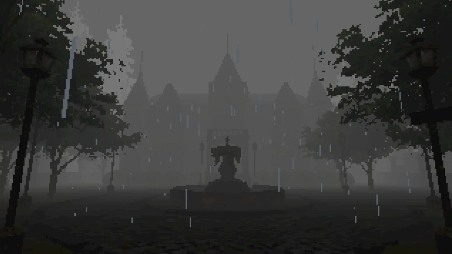 Rain falls over a low-resolution mansion and a silhouetted fountain in VESSELS: Noiret Mansion.