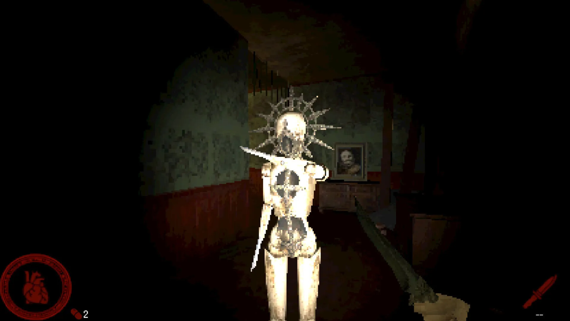 A bladed doll approaches a first-person viewpoint holding a knife in a dark corridor.