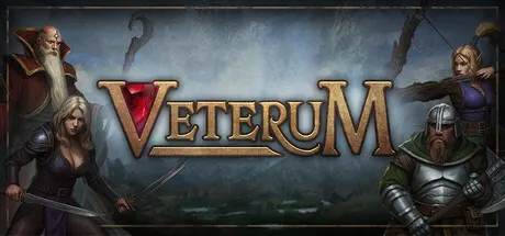 Illustrated fantasy warriors and a robed figure surround the Veterum title.