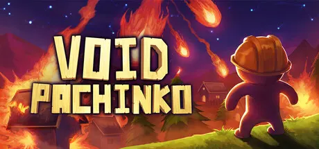 Void Pachinko logo with a hard-hatted figure watching a burning village