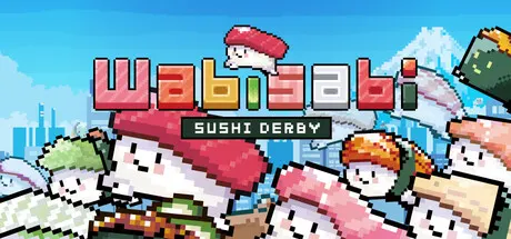 Wabisabi SushiDerby promotional pixel art of sushi racing beneath a bright sky.